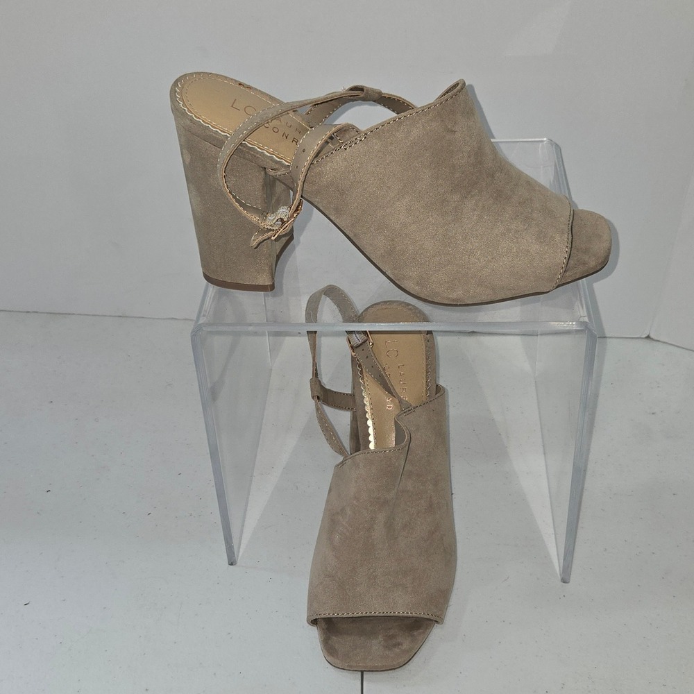 LC Lauren Conrad Womens Tan Faux Suede Block Heel Slingback Sandals Size 8.5